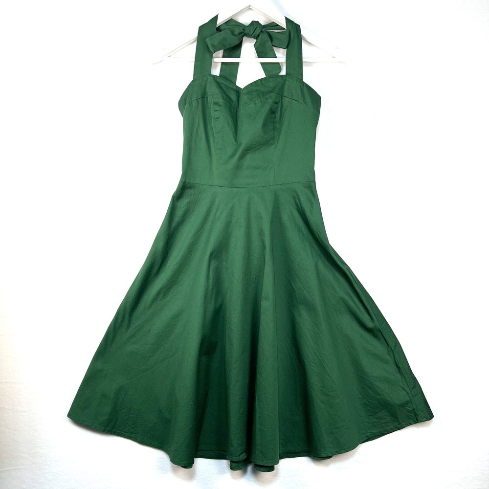 Emerald Green Halter Dress S Bias Flare Ruching Tie Back Side Zipper Rockabilly